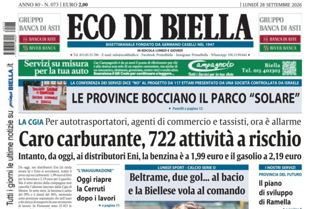 “Caro carburante, 722 attività a rischio”: la prima pagina di Eco di Biella in edicola oggi