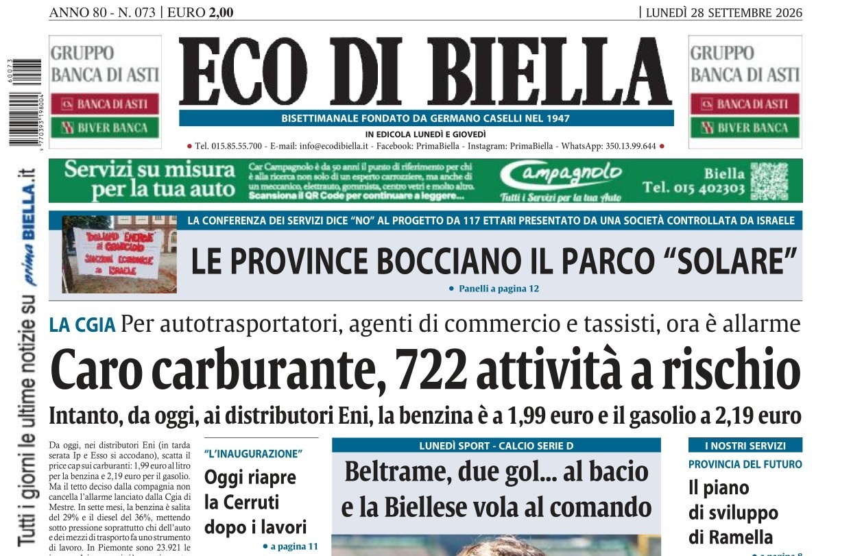 “Caro carburante, 722 attività a rischio”: la prima pagina di Eco di Biella in edicola oggi