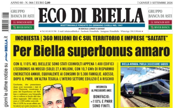 “Per Biella Superbonus amaro”: la prima pagina di Eco di Biella in edicola oggi