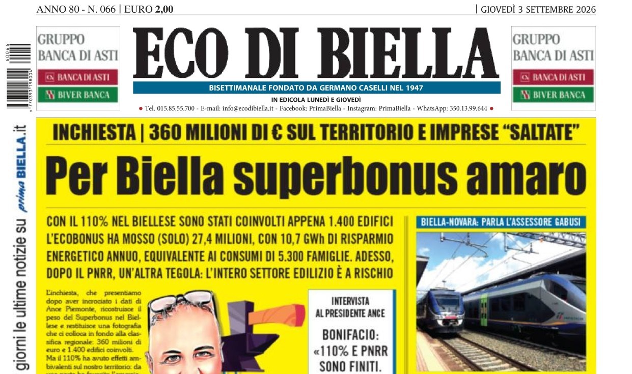 “Per Biella Superbonus amaro”: la prima pagina di Eco di Biella in edicola oggi