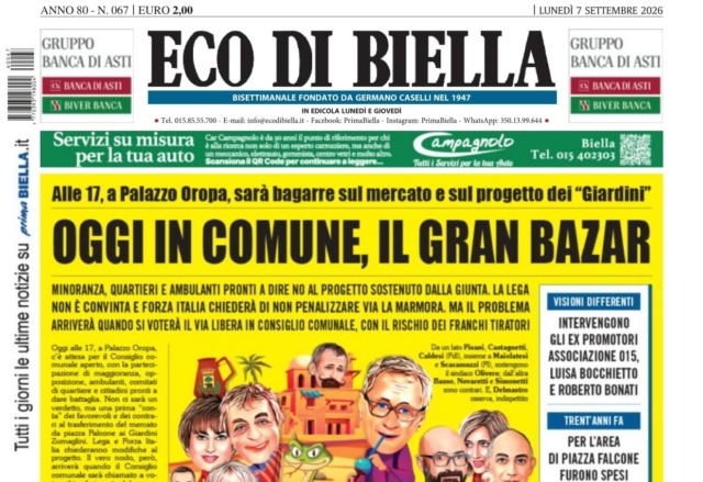“Oggi in Comune, il gran bazar”: la prima pagina di Eco di Biella in edicola oggi