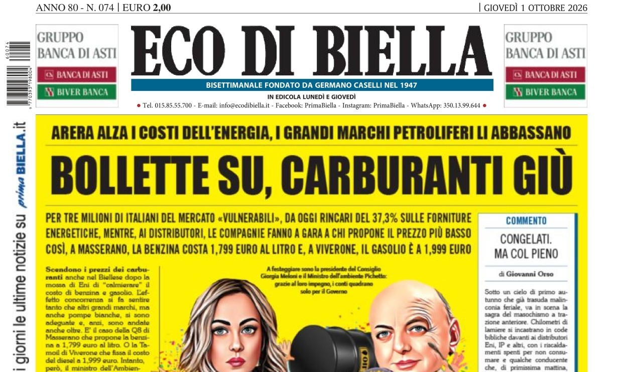 “Bollette su, carburanti giù”: la prima pagina di Eco di Biella in edicola oggi