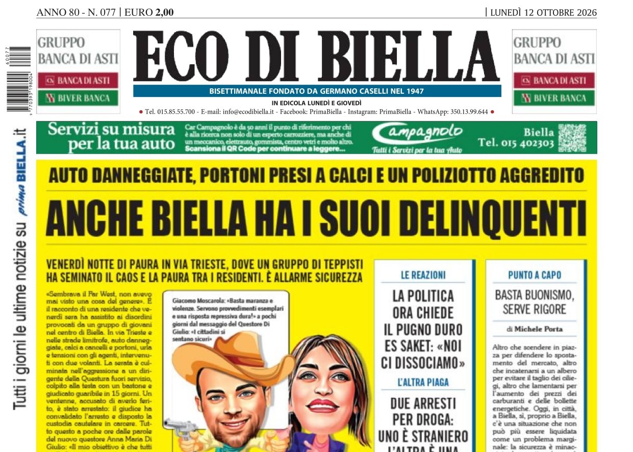“Anche Biella ha i suoi delinquenti”: la prima pagina di Eco di Biella in edicola oggi
