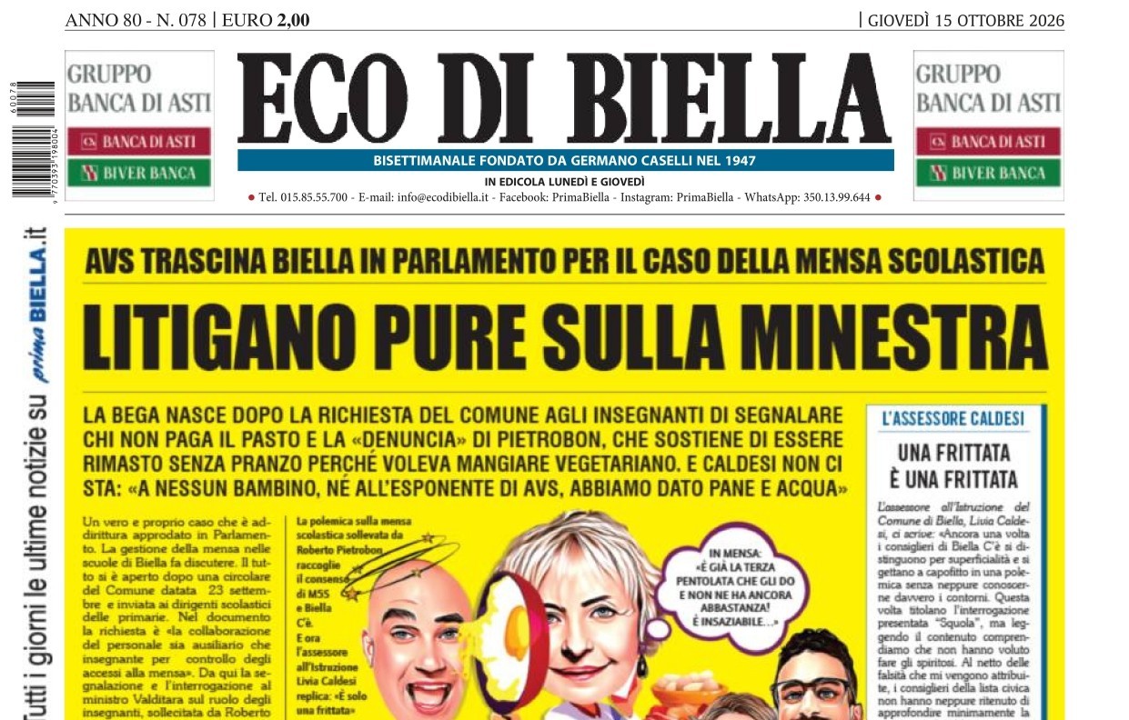 “Litigano pure sulla minestra”: la prima pagina di Eco di Biella in edicola oggi