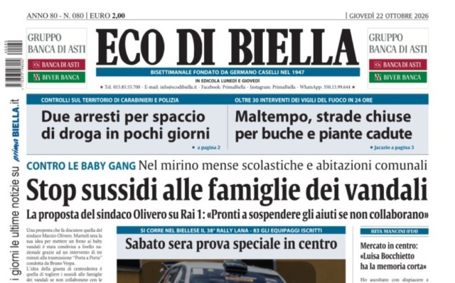 “Stop sussidi alle famiglie dei vandali”: la prima pagina di Eco di Biella in edicola oggi