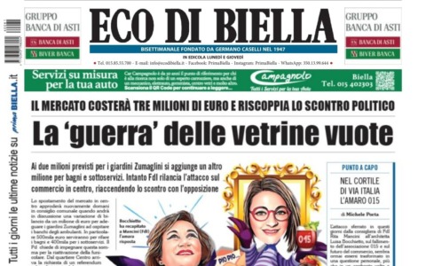 “La ‘guerra’ delle vetrine vuote”: la prima pagina di Eco di Biella in edicola oggi
