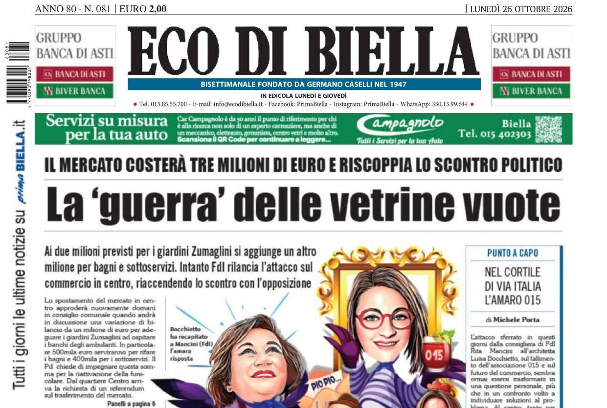 “La ‘guerra’ delle vetrine vuote”: la prima pagina di Eco di Biella in edicola oggi