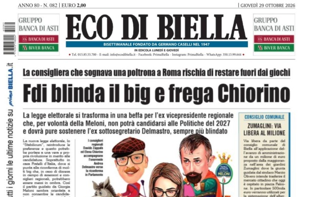 “Fdi blinda il big e frega Chiorino”: la prima pagina di Eco di Biella in edicola oggi