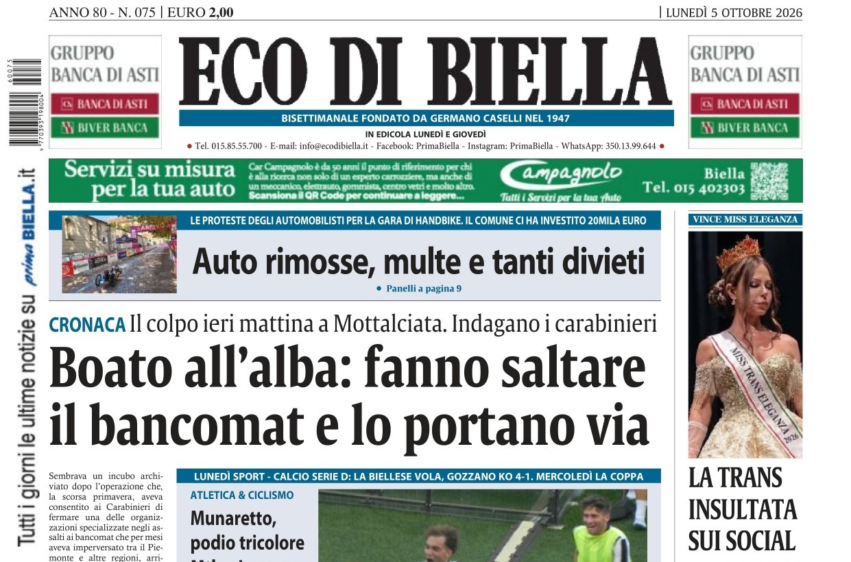 “Boato all’alba: fanno saltare il bancomat e lo portano via”: la prima pagina di Eco di Biella in edicola oggi