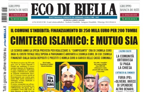 “Cimitero islamico: e mutuo sia”: la prima pagina di Eco di Biella in edicola oggi