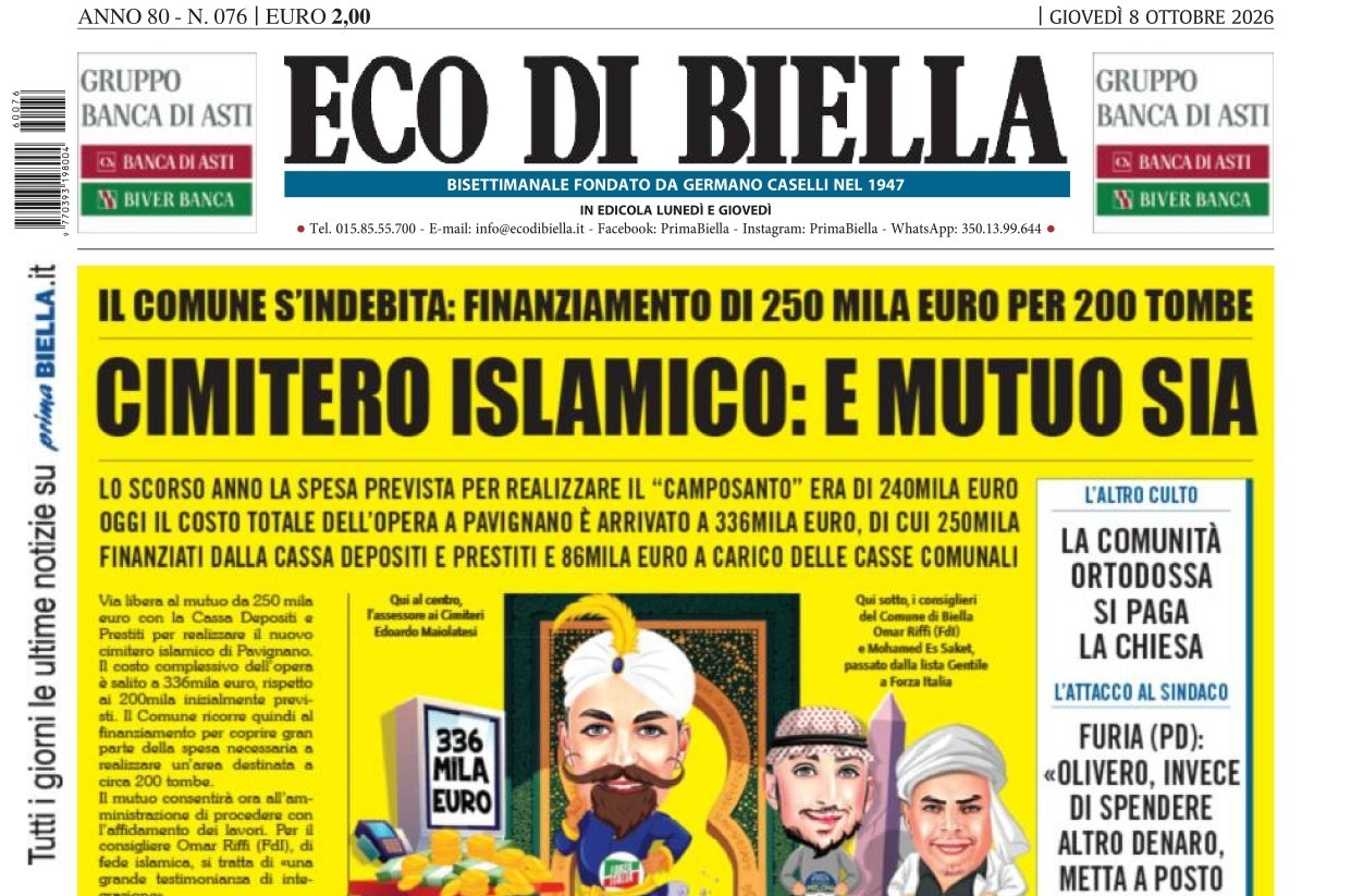 “Cimitero islamico: e mutuo sia”: la prima pagina di Eco di Biella in edicola oggi